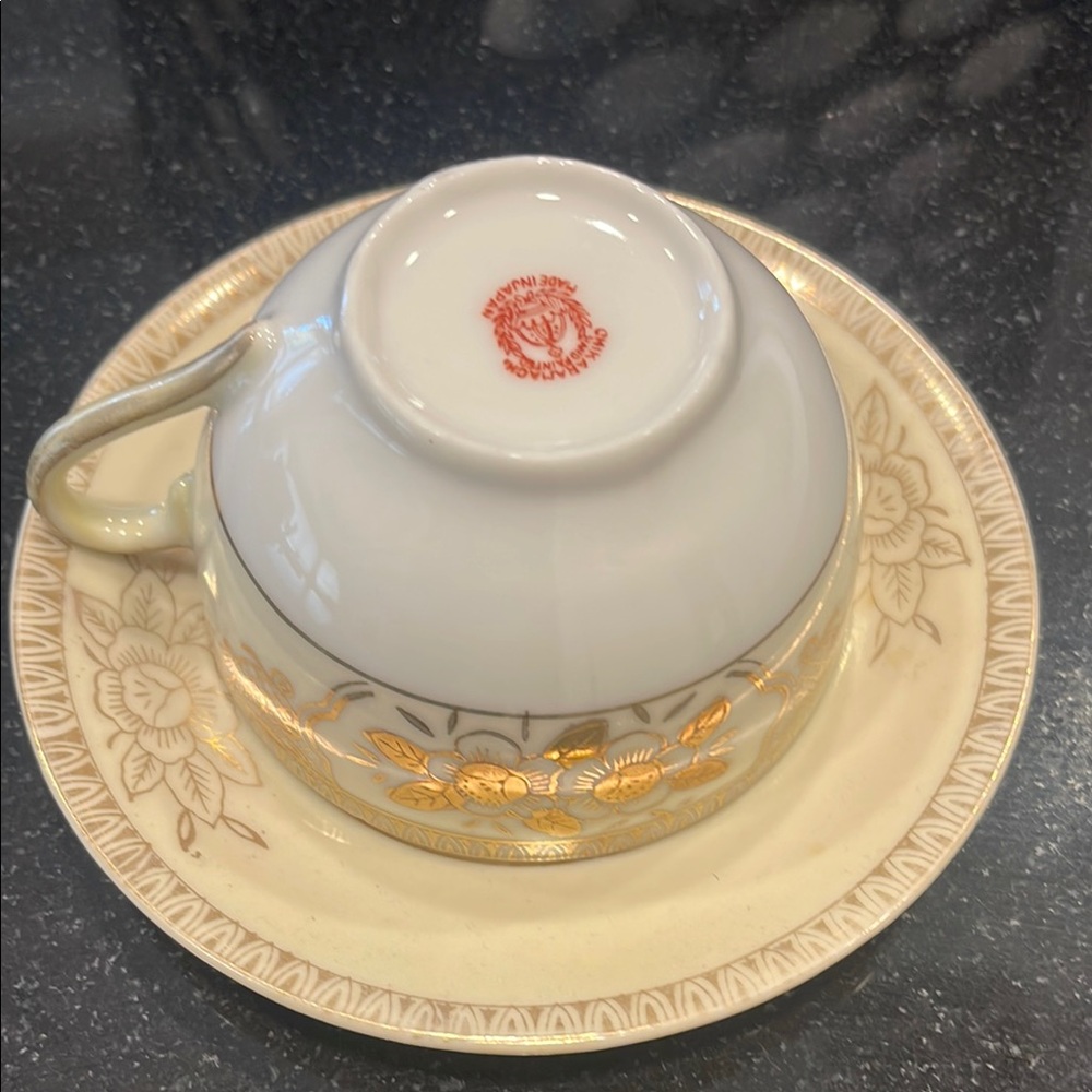 Gold and Cream Floral Teacup and Saucer Set